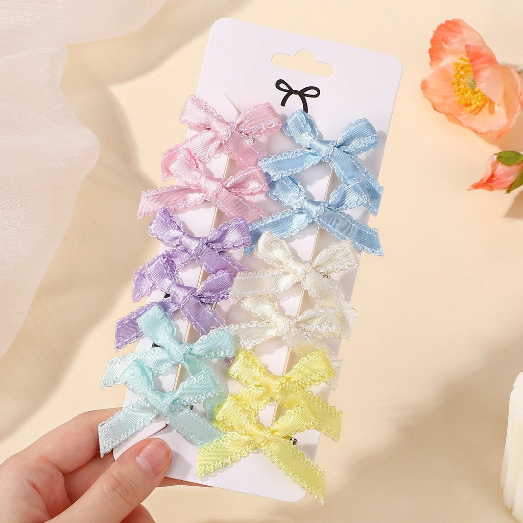 12Pcs Sweet Lace Side Cheer Bow Hair Clips for Girl Grid Solid Color ...