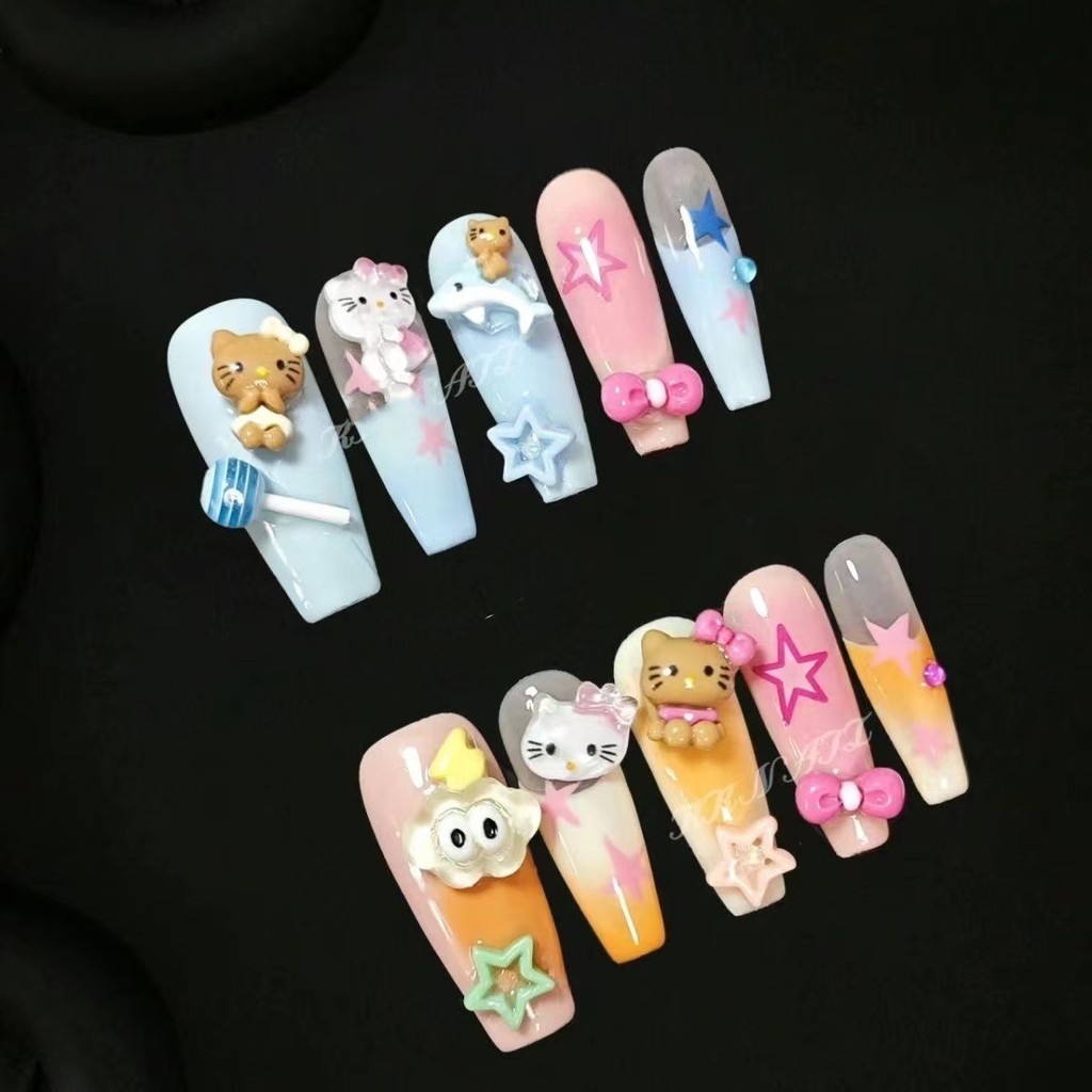 Summer Handmade Wearable Nails Hellokitty Cute Dopamine Nail Art Ocean 