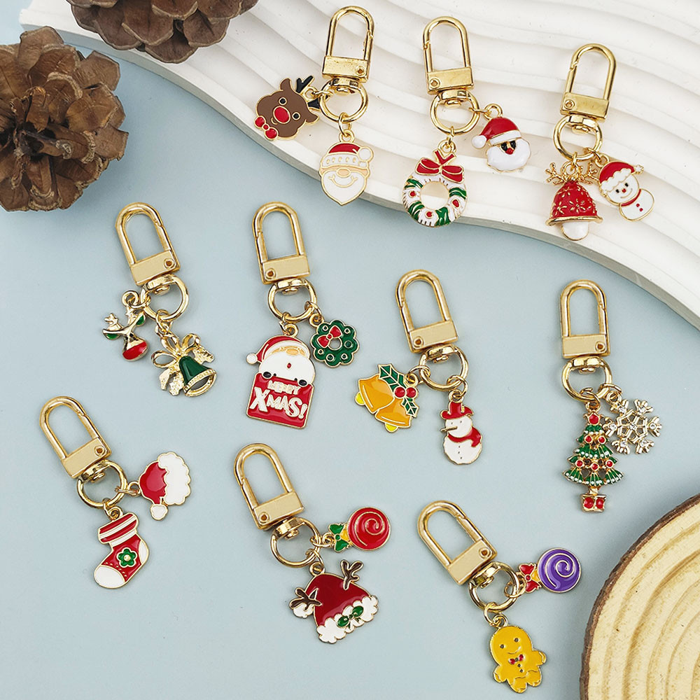 Trendy Santa Claus Snowman Shape Metal Keychains Cartoon Christmas Element  Tree Snowflake Keyrings Xmas Gifts Bag Pendants