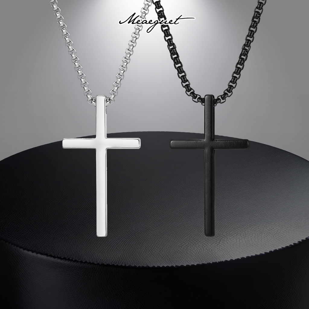 Meaeguet Simple Cross Necklace for Men Women,Silver Black Stainless Steel  Plain Cross Pendant Necklace