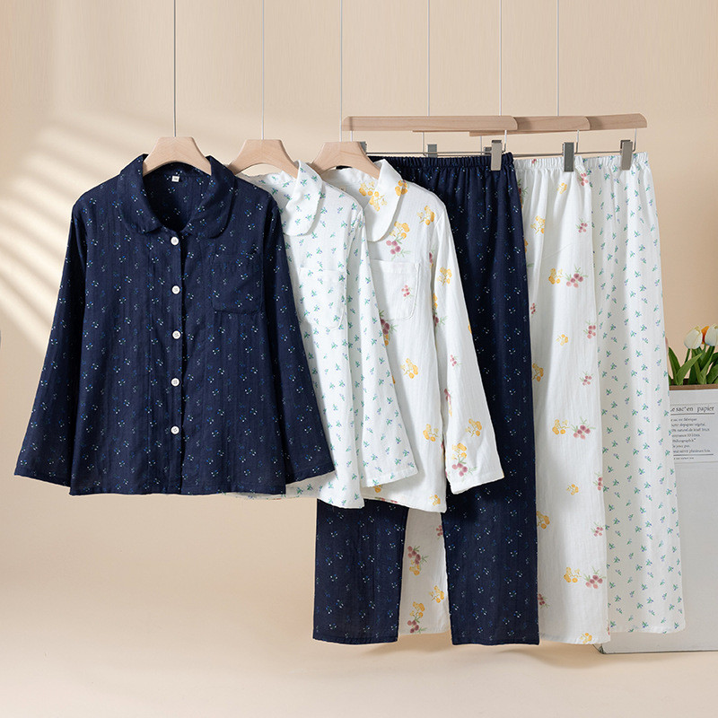 Spring Autumn Pure Cotton Lapel Long-Sleeved Trousers Floral Pajamas ...
