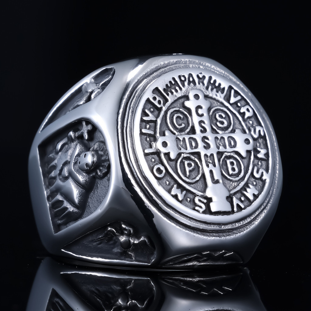 St Benedict Exorcism Men's Ring Stainless Steel Catholic Roman Cross ...