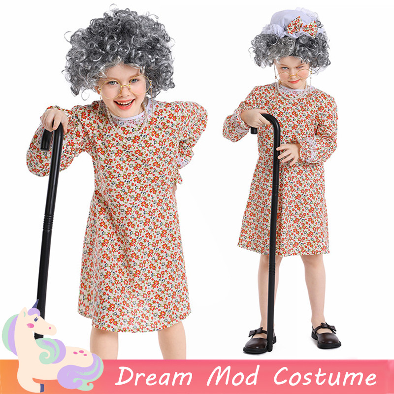 Old Grandma Cosplay Costume For Kids Girl Floral Dress Wolf Grandma — free download