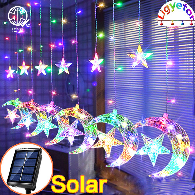 Ligyetor Lampu Raya Solar Moon Star Curtain Lights LED String Light LED ...