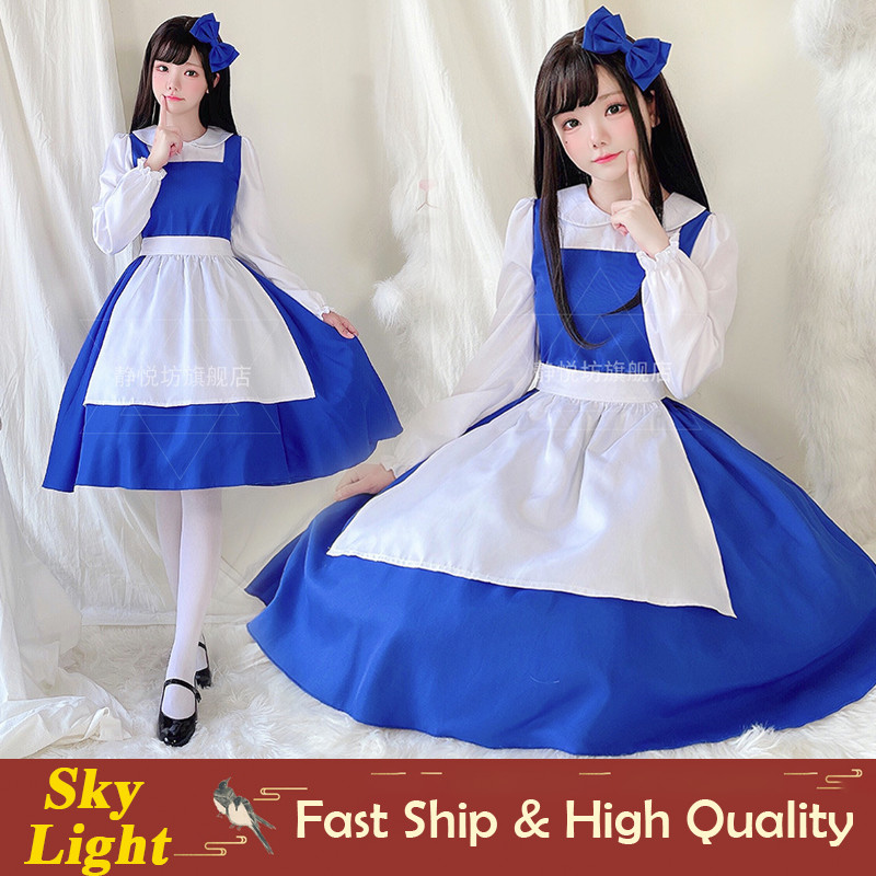 Alice In Wonderland White Blue Dress For Woman Cute Lolita Anime Maid ...