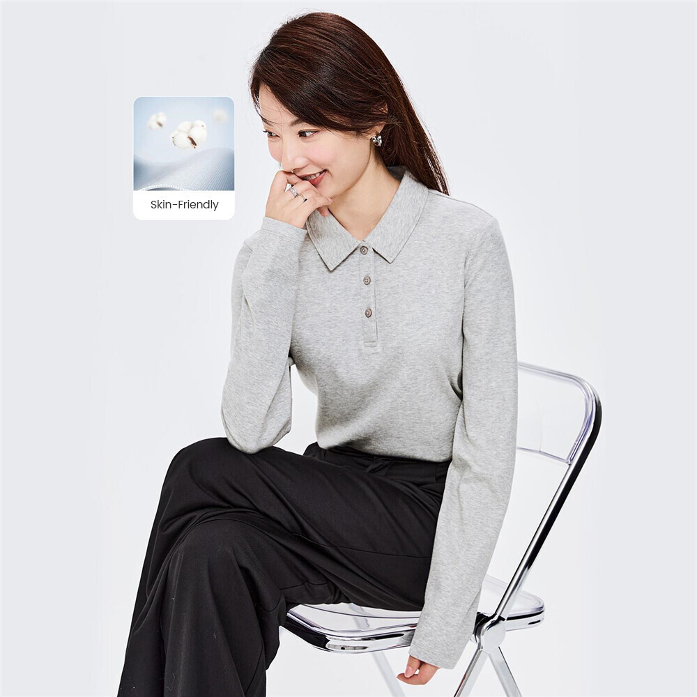 GIORDANO Women Interlock Plain Color Long Sleeve Polo Shirt