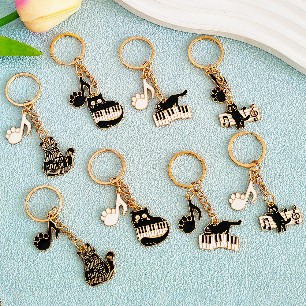Simple Piano Cat Metal Keychains Cartoon Music Notes Kitty Keyrings Car ...