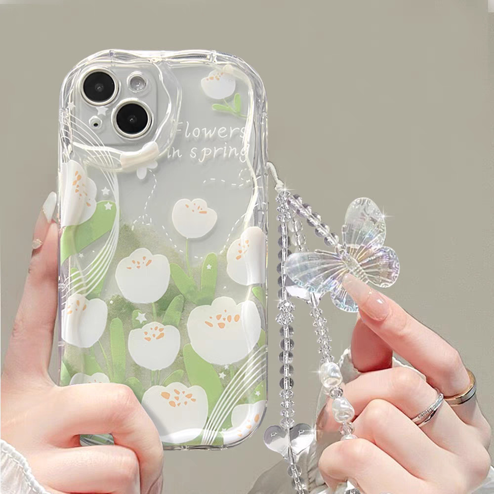iPhone 16 15 14 13 12 11 PRO MAX XR XS X 8 7 6 6S PLUS clear quakeproof aesthetic White tulip & Butterfly phone case GNCNY_voghion.com