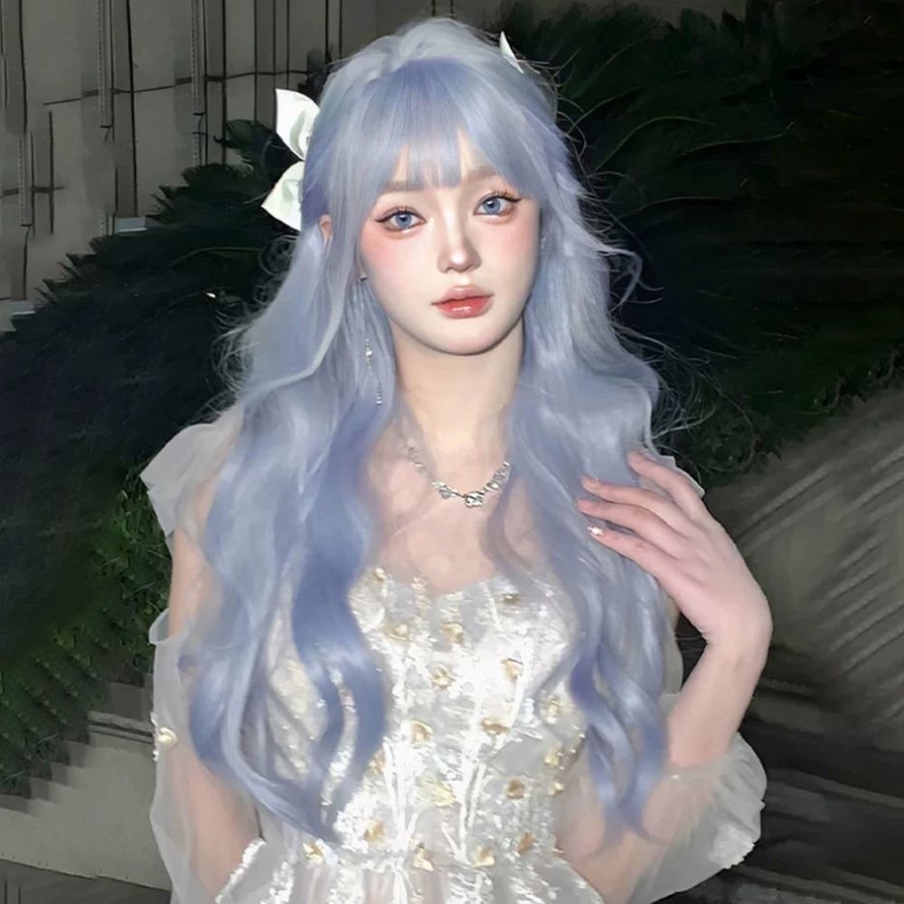 TAVIMART  -  Wig for Women Long Curly Hair Big Wave Haze  Blue Wigs with Bangs Natural Simulation Fluffy Lolita Wig for Cospay Daily Use main image 0