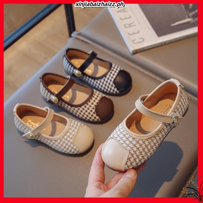 Korean Style Houndstooth Leather Flat Shoes for Baby Girls Simple Round