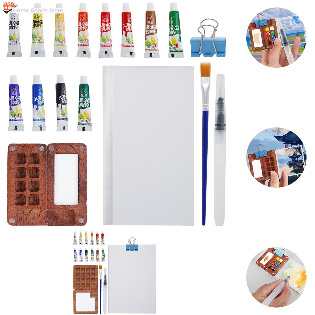 Portable Watercolor Set Mini Watercolor Paint Set With 12 Colors | Portable Travel Art Kit With Brushes & Sketchbook - Wood Case Mini Watercolor Palette