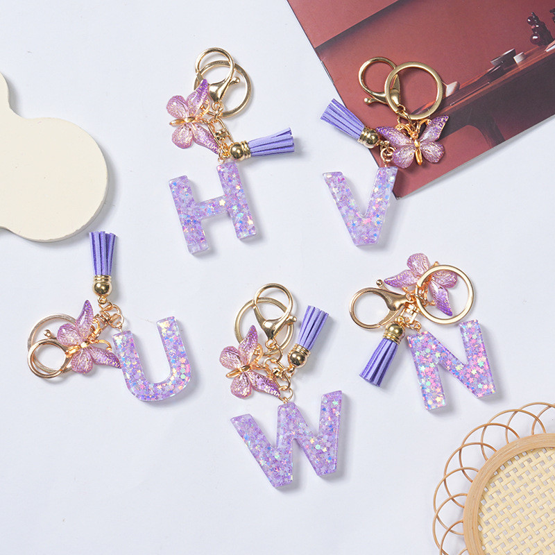 1 Pcs Glitter Purple Sequin Filled A-Z Letter Keychains Fashion ...