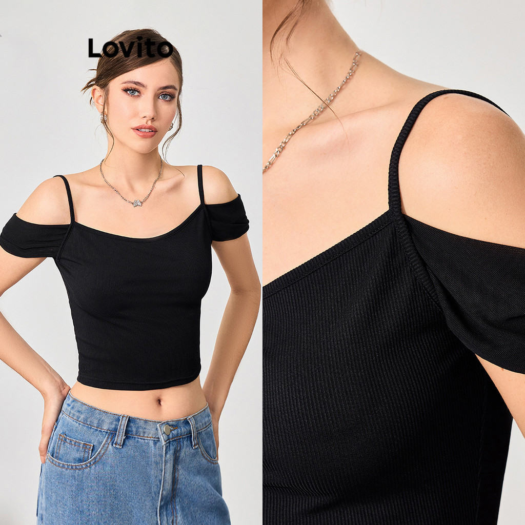 Lovito Women Casual Plain Cold Shoulder TShirt L96MD174 Shopee