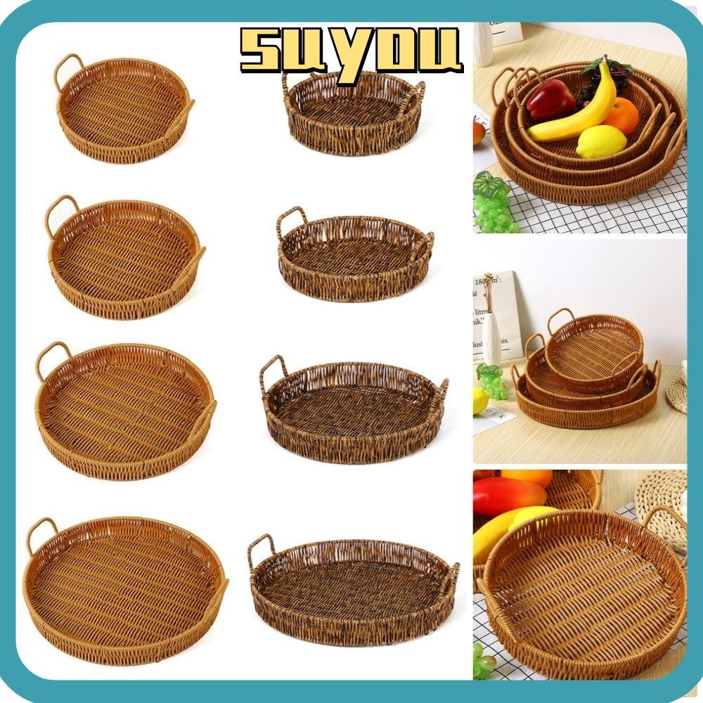 SUYO 1Pcs Handwoven Rattan Basket, With Handle Round Shape Storage Tray ...