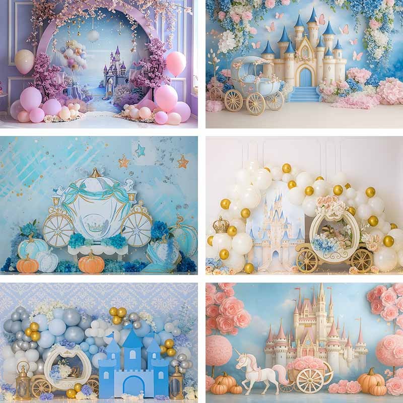 Cinderella Once Upon a Time Backdrop Girl Birthday Party Decoration Banner Fairytale Princess Blue Castle Background Photography - 15