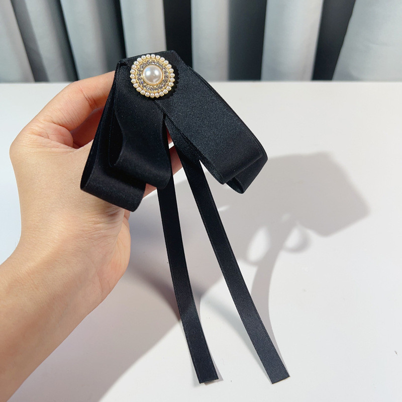Black Ribbon Pearl Bow Tie Elegant Ties with Pins Women's Accessories ...