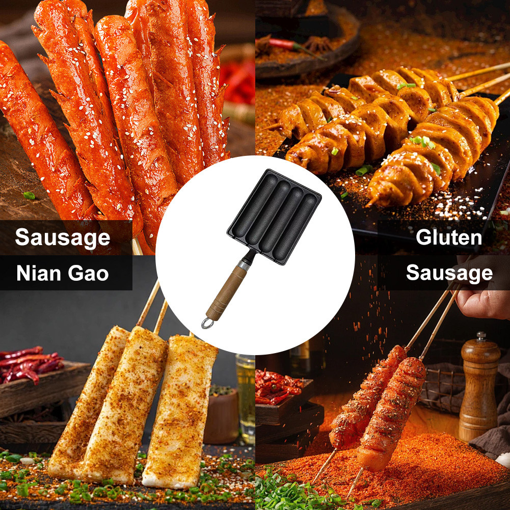 Cast Iron Pot for Grilled Sausage with Wooden Handle Hot Dog Mold Pan