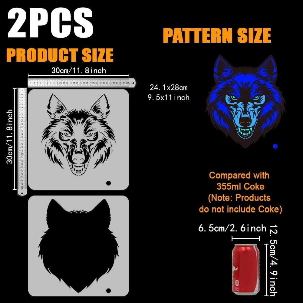 FINGERINSPIRE 2 Pcs Layered Wolf Face Large Stencil 11.8x11.8inch