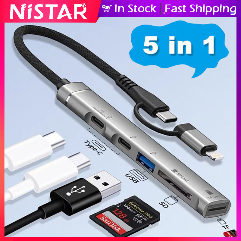 NiSTAR Lightning+Type C OTG Adapter HUB For USB C,5 IN 1 Type C to SD ...