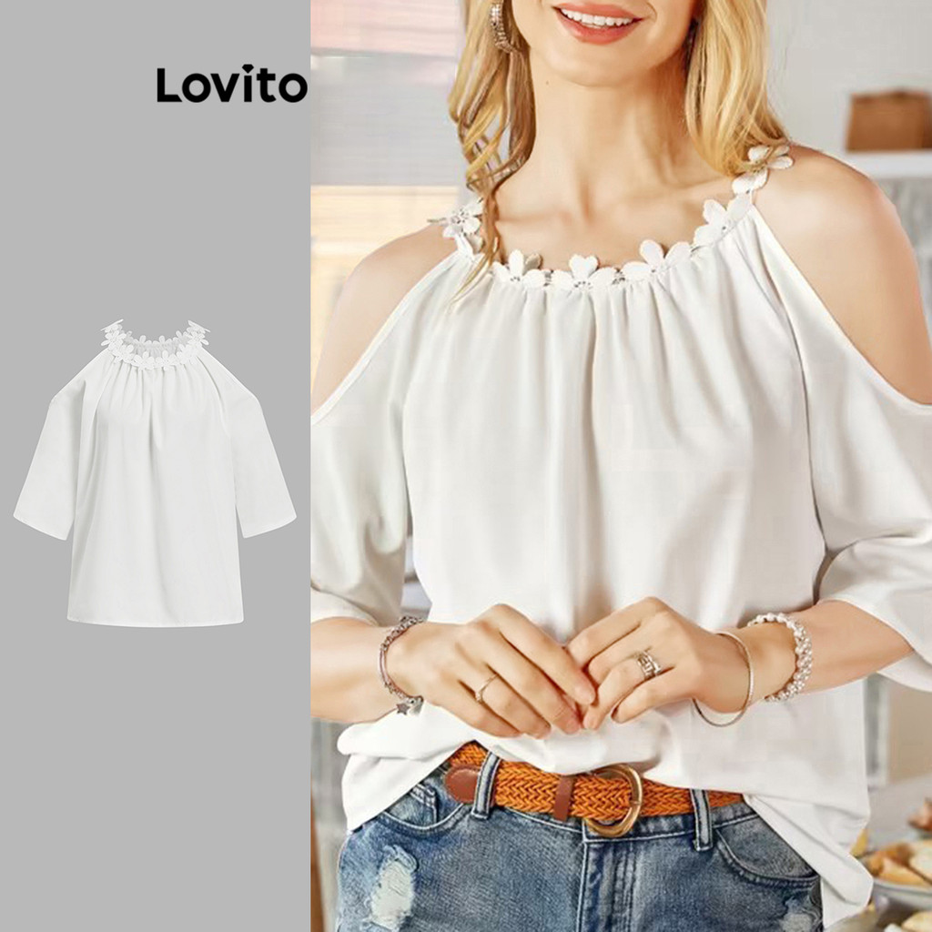 Lovito Women Elegant Plain Ruffle Neck Cold Shoulder Blouse L99ED411