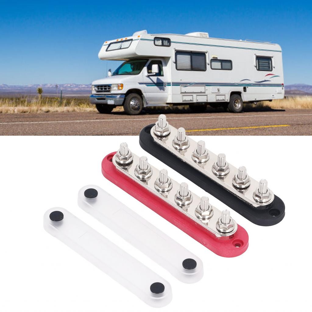 Stroomverdeelblok (busbar) – 300A, 12-48V, 6 Aansluitingen – Set Van 2, Met Deksel En Isolatie – Voor Auto, Boot, Camper En Maritiem Gebruik
