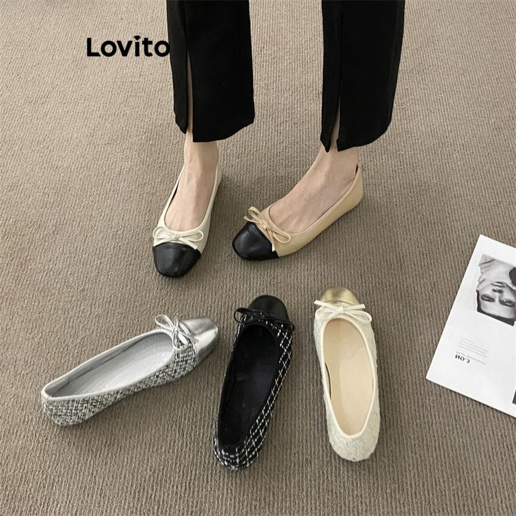 Lovito Women Casual Plain Bow Colorblock Soft Bottom Anti Slip Lattice ...