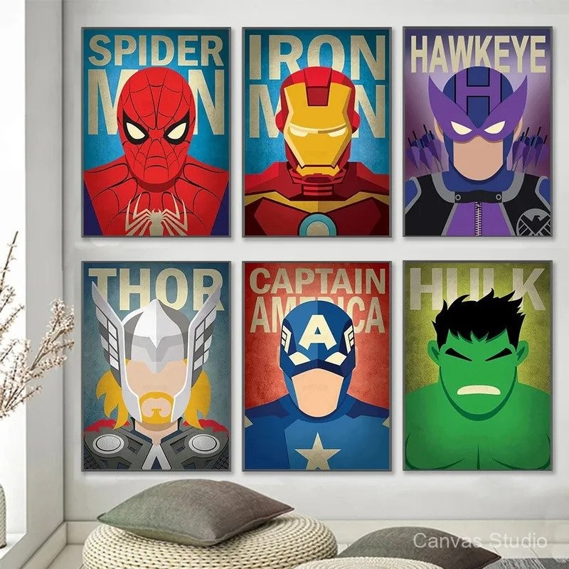 MINISO Marvel Movie Avengers Vintage Canvas Posters Spiderman Iron Man ...