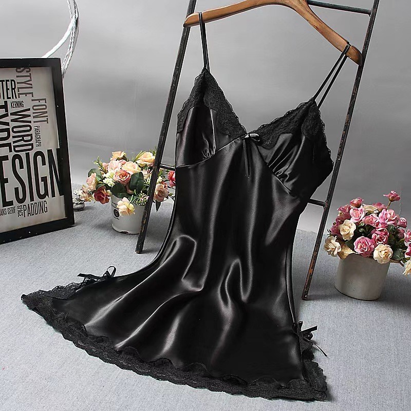 Sexy Deep V Contrast Lace Mesh Bow Decoration Suspender Nightdress (With Thong)