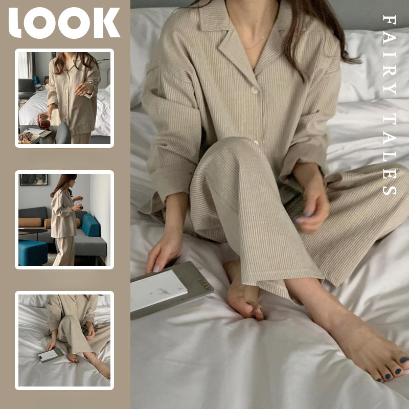 Simple striped pajama women long sleeve long sleeve pajamas summer ...