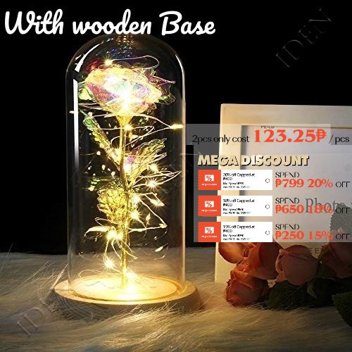 LED Light Rose In Glass Dome On Wooden Base Artificial Flower Lamp ...