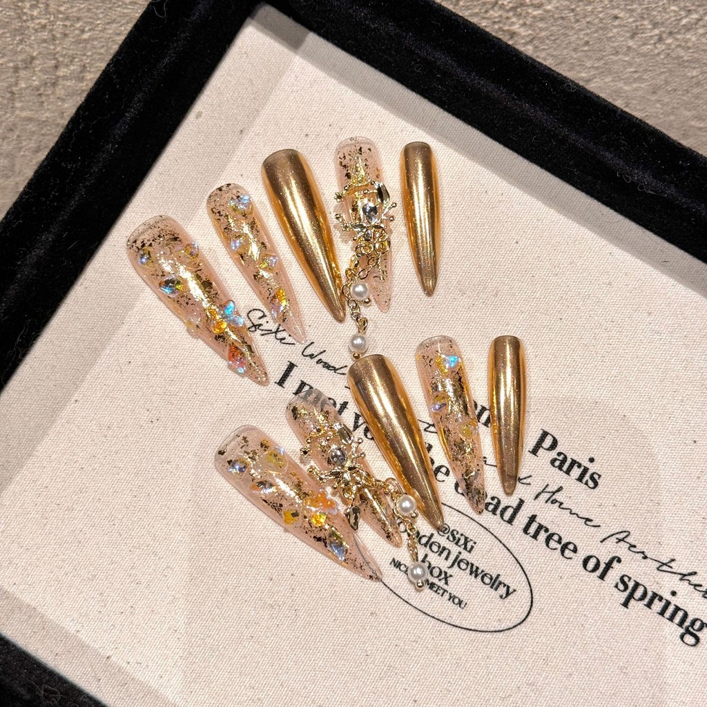 100% HANDMADE Artificial Nail Long Almond Shape Gold Rococo 3D Embossed ...