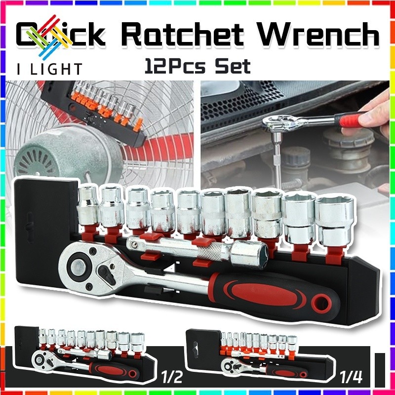 (Fast&COD) 12Pcs Quick Ratchet Wrench CR-V 1/4,1/2 Socket Kits Mechanic ...