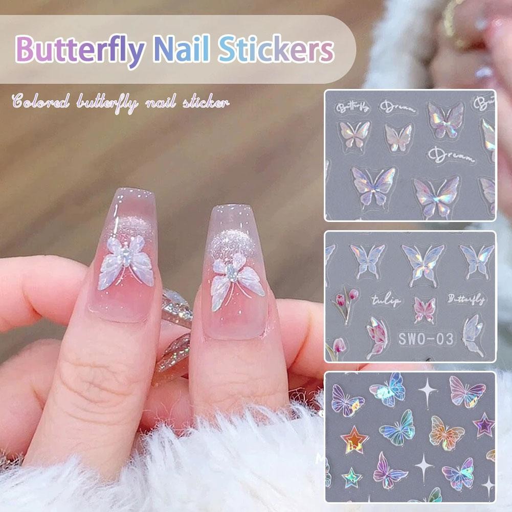 Butterfly Nail Art Stickers 3D White Halo Design - Semi Transparent Hollow Out Nail Decals For Manicure