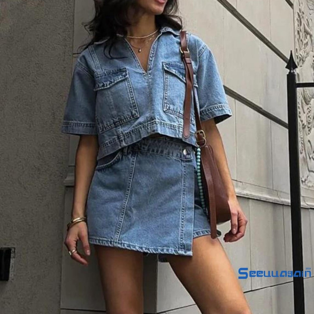 Denim Short Sleeve Top & Pants 2 Piece Set