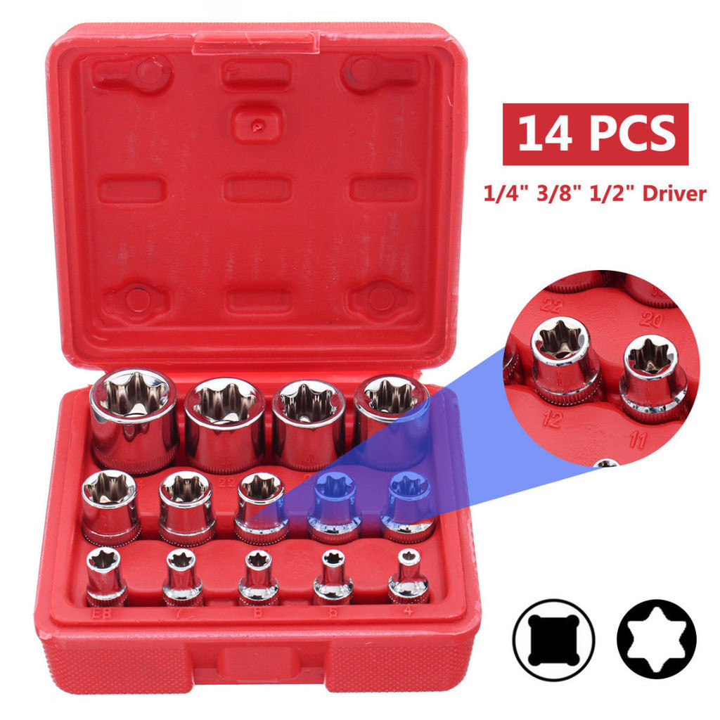 14Pcs E4 - E24 Star Driver Socket Set Hex Torx Torq Torque Bits 1/4 3/8 ...