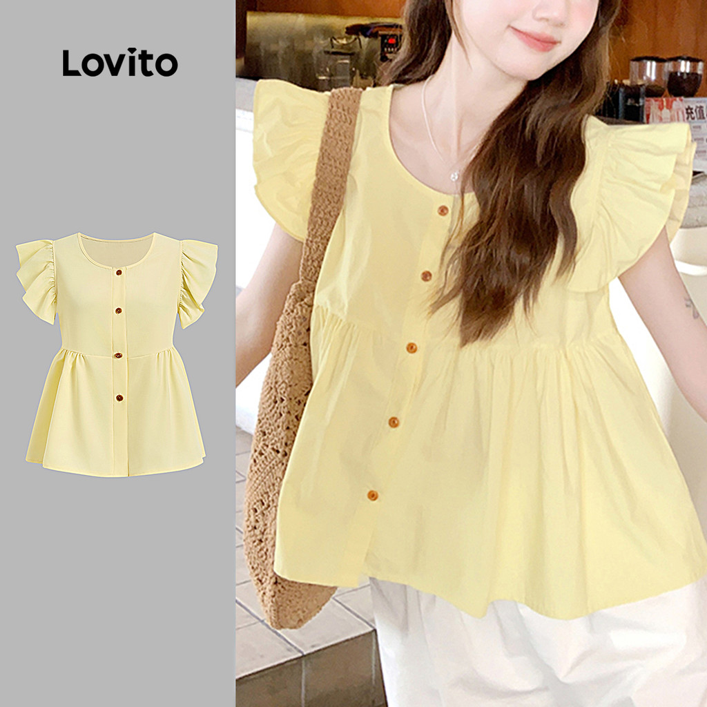 Lovito Women Cute Blouse Button Ruffle Spring/summer Yellow Blouse ...