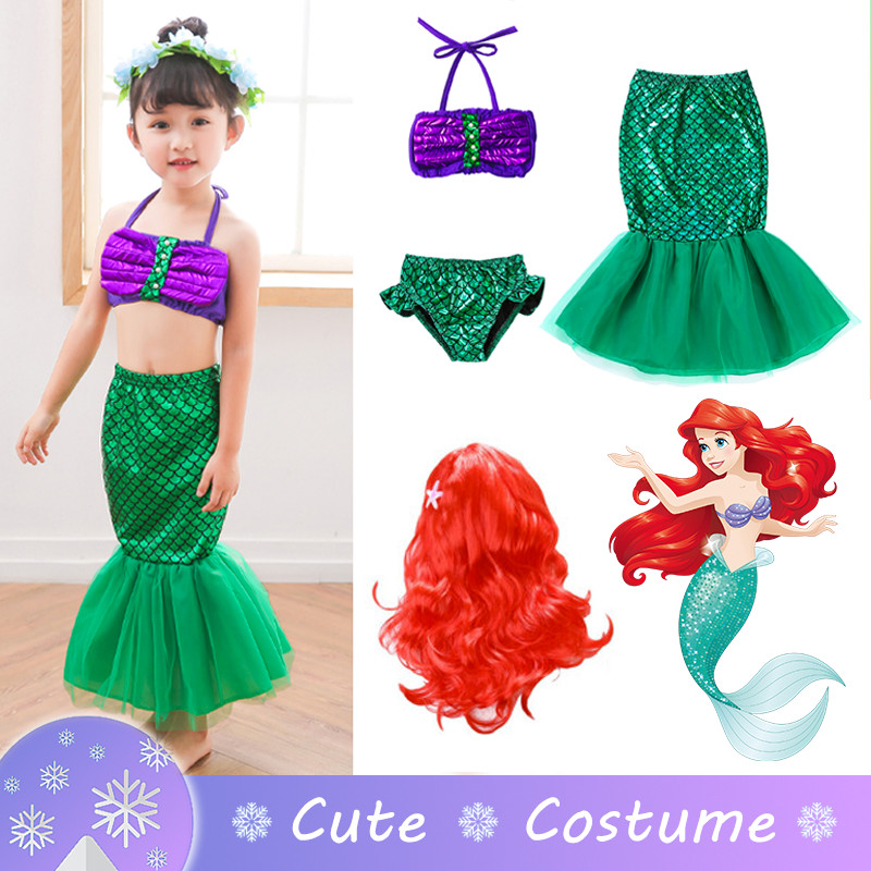 3-8Y Little Mermaid Princess Ariel Fishtail Dress For Kids Girl 3Pcs ...