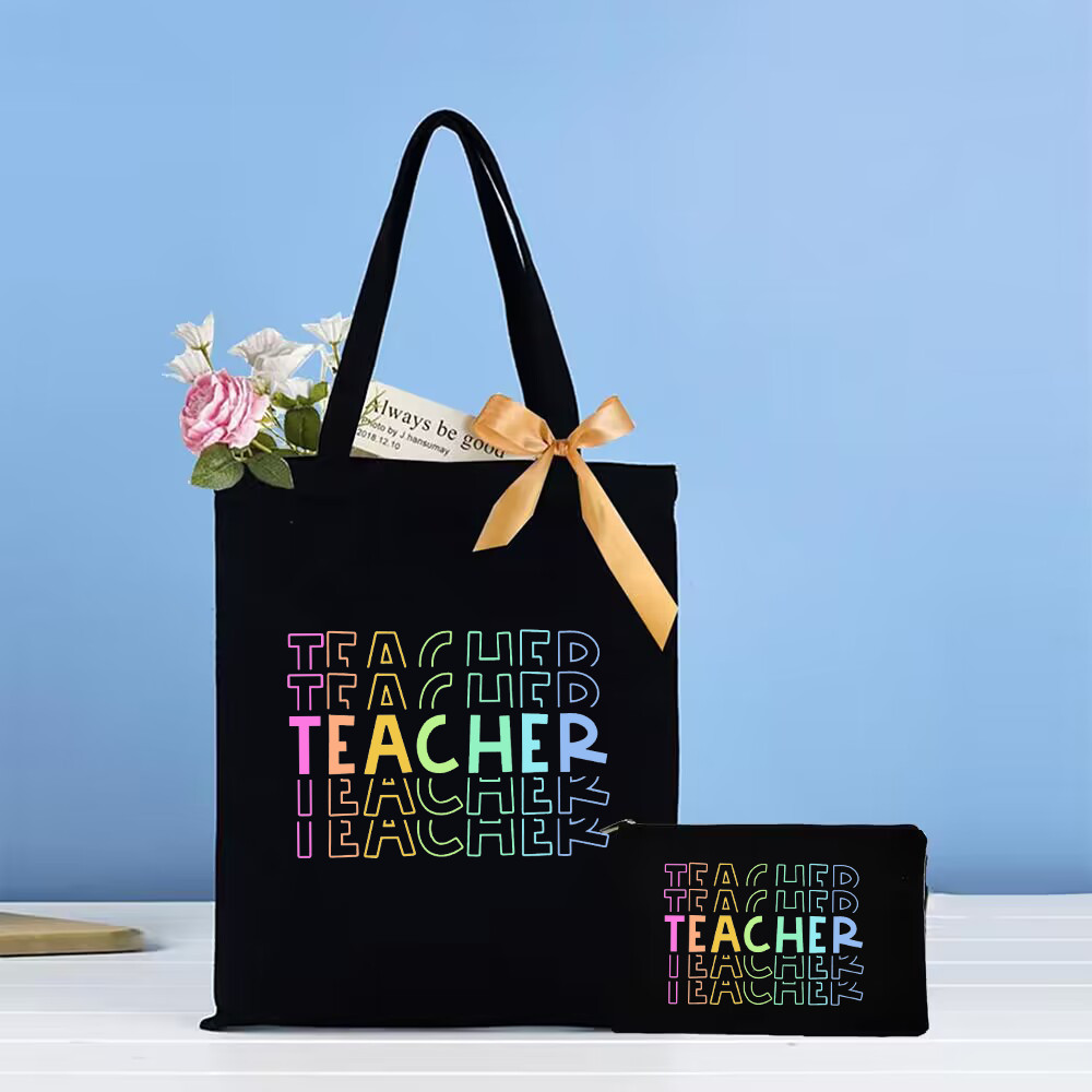 I Love Teacher Pattern Teacher Appreciation Tote Bag with Makeup Pouch ...