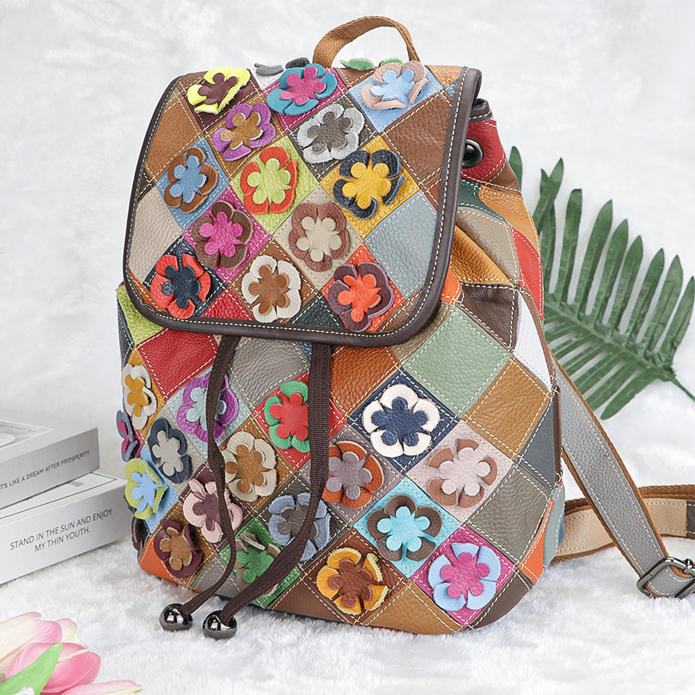 Royal Bagger Floral Color Stitching Plaid Backpack for Women Genuine ...