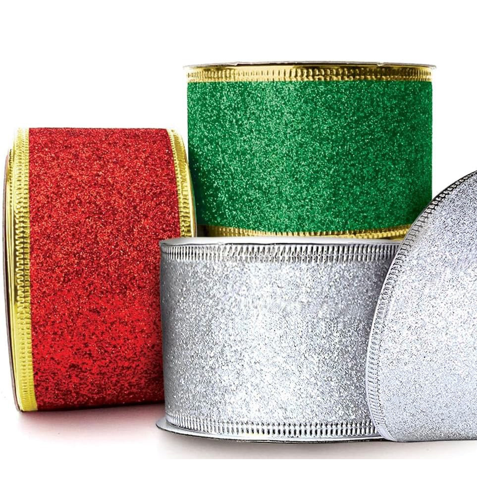 Christmas Ribbon Glitter Wired Christmas Ribbons Red Green Wire Edged 2 ...