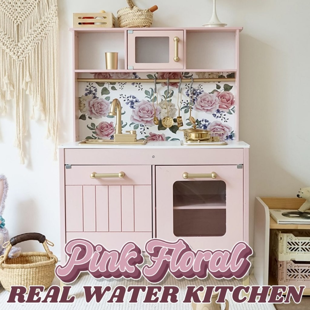 BYJ Pink Floral Real Water Kitchen with Sound and Light Cooking Pretend