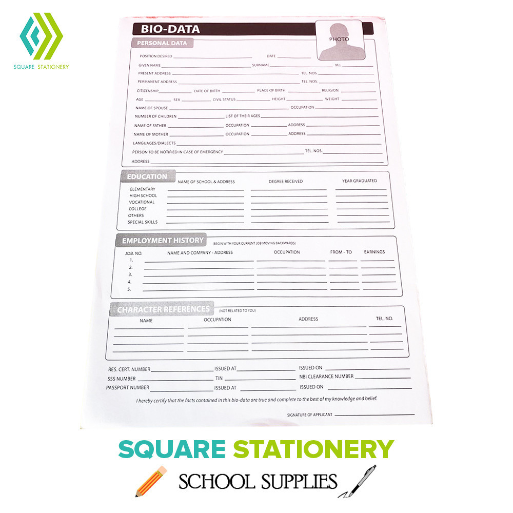 Square Stationery Bio-Data Application Form Sheets Good Quality White ...