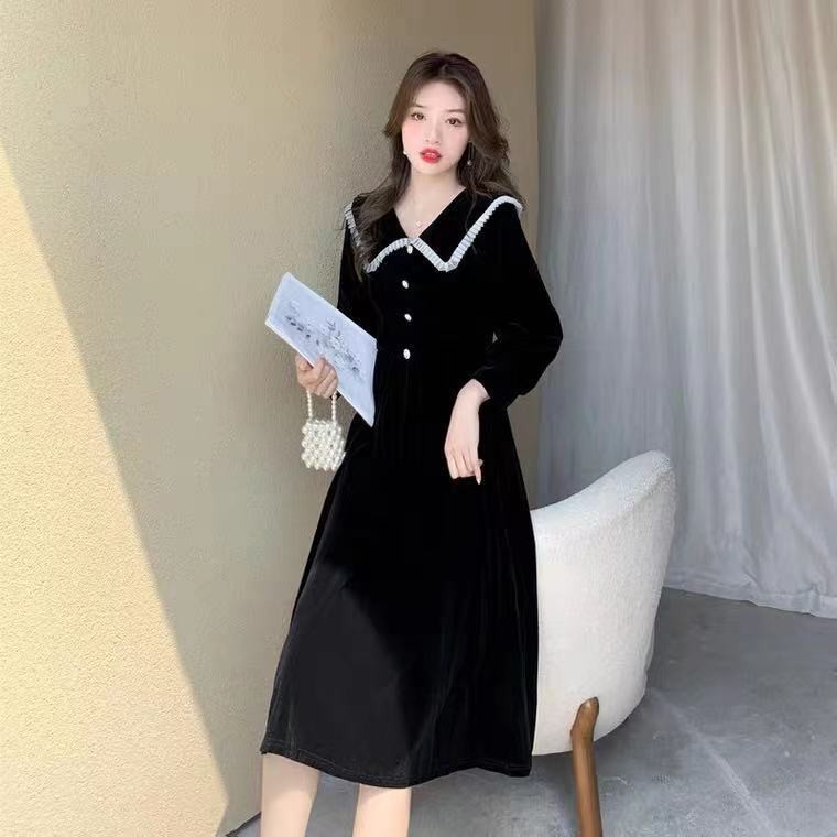Korean Style Long Sleeve Waist-Tight Dress Splicing plus Size Slimming ...