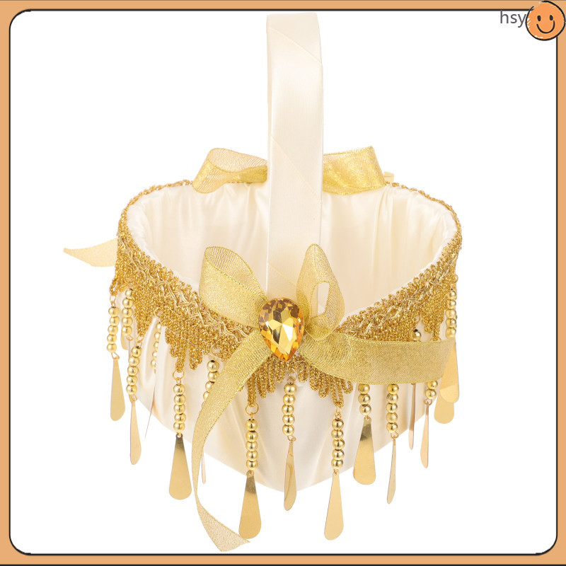 Decor Flower Girl Basket for Weddings Rose Petal Rattan Portable Gold