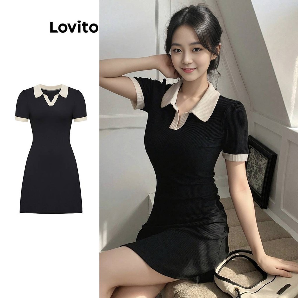 Lovito Women Elegant Plain Colorblock Rib Knit Dress L91AD397 | Shopee ...