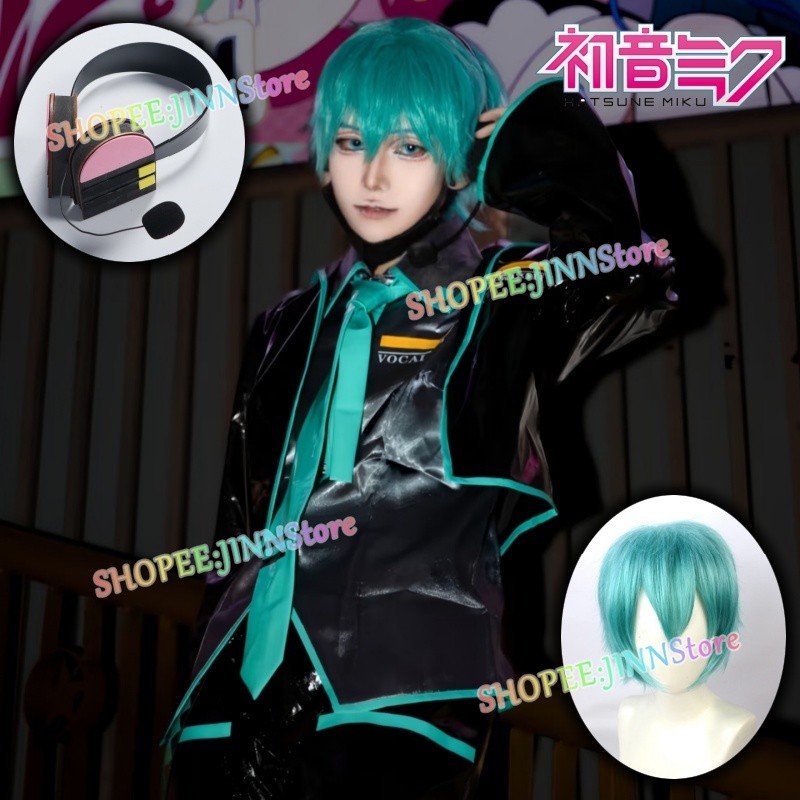 -JINN-Hatsune Miku Cosplay Costume MIKU/MIKUO Cosplay Black Leather Glossy  Uniforms Wig Suit Comic Con Outfits