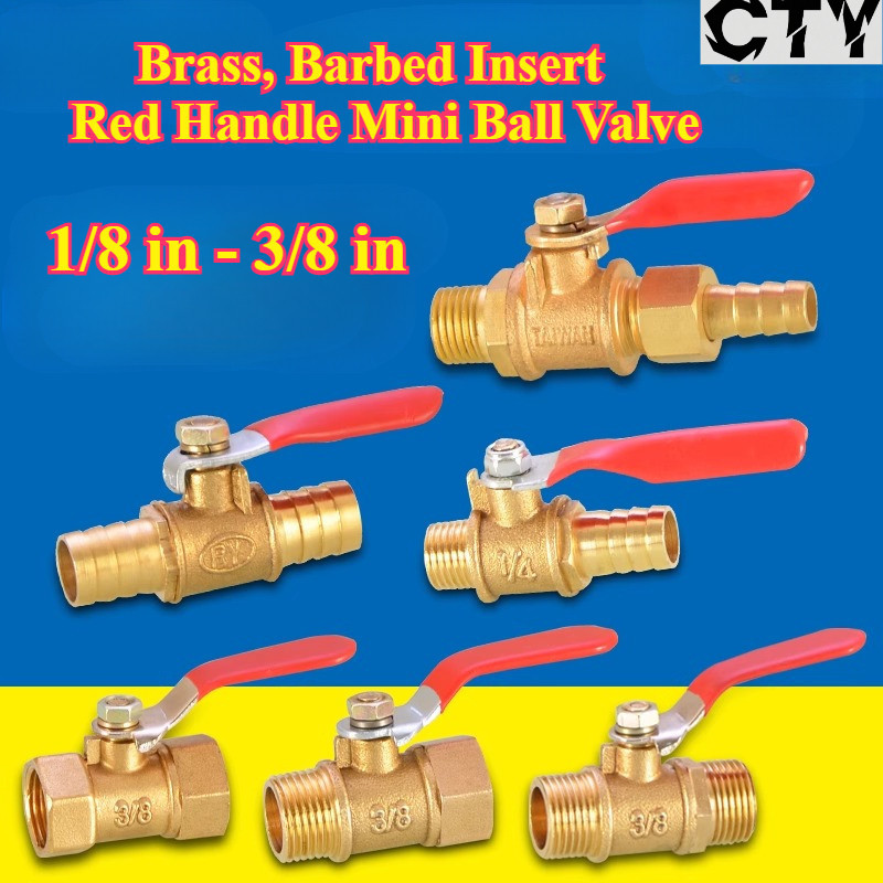 [CTY-HY] Brass, Barbed Insert Red Handle Mini Ball Valve (1/8 in - 3/8 ...