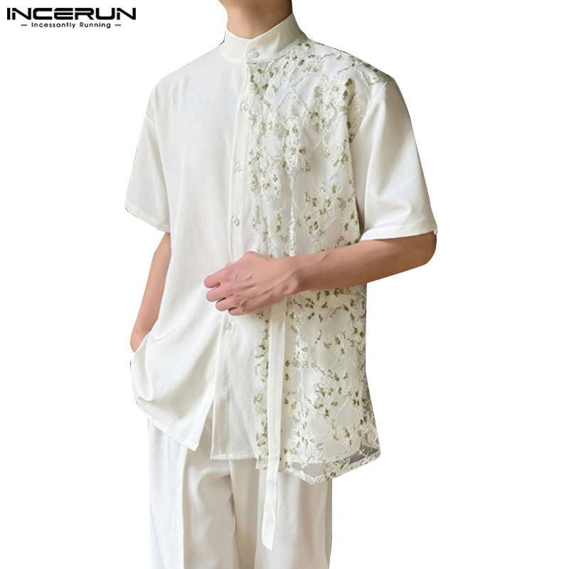 WDIRARA Men's Floral Embroidery Mesh Button-Down Shirt - Stand Collar Short Sleeve Top For Party & Club