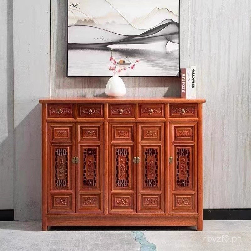 Chinese Style Solid Wood Shoe Cabinet with Carved Doors, Entryway ...