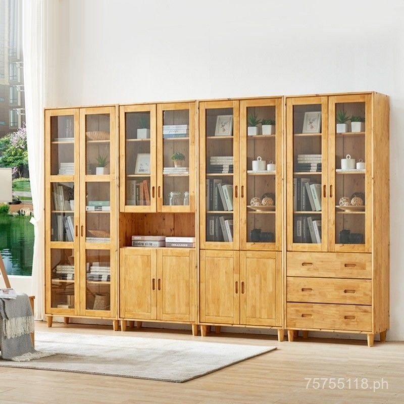 Nordic Solid Wood Bookshelf Storage Cabinet Cypress Wood Bookshelf with ...